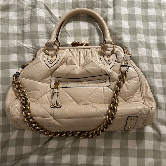 MARC JACOBS Quilted Leather Stam Satchel Bag, 2 Way, Kiss Lock, Chain, Italy